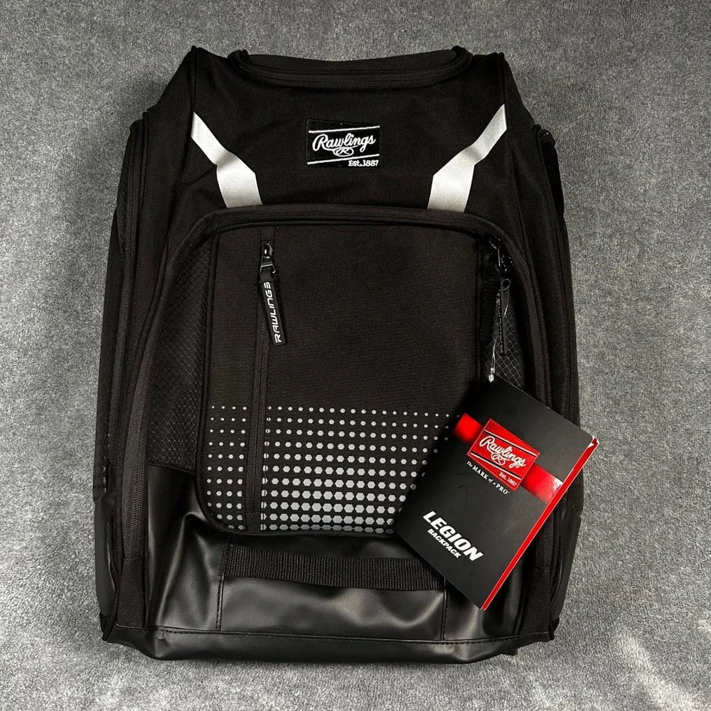 Rawlings Legion Baseball Softball Backpack Black 45L Bat Sleeves Shoe Pocket NEW